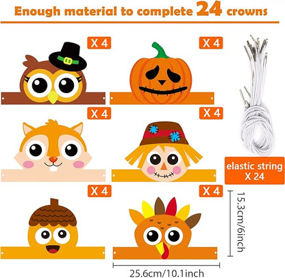 chiazllta 24 Packs Fall Crown Craft Kits for Kids Thanksgiving Pumpkin Turkey Headband Autumn DIY Art Craft Sticker Set Preschool Home Classroom Game Activities Party Favors