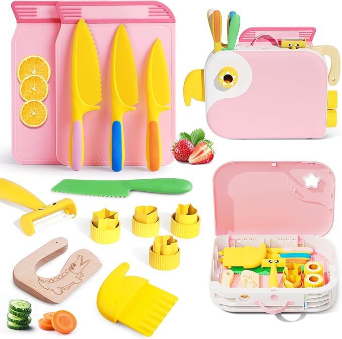 Kids Kitchen Knife Set for Real Cooking with Storage Box Pink, Montessori Kitchen Toy with Cutting Board, Plastic Toddler Knives, Peeler, Wooden Safe Knife for Age 3 4 5 6 7 8