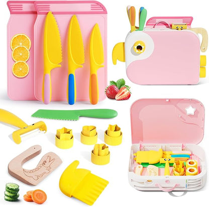 Kids Kitchen Knife Set for Real Cooking with Storage Box Pink, Montessori Kitchen Toy with Cutting Board, Plastic Toddler Knives, Peeler, Wooden Safe Knife for Age 3 4 5 6 7 8