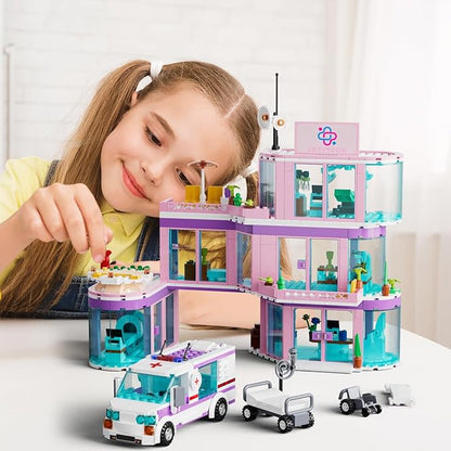 QLT QIAOLETONG Friends City Hospital Building Set, Ambulance Truck with Hospital Bed Wheelchair Playset Birthday, Gift for Boys Girls Kids 6+ Years Old-Compatible with Lego for Girls Age 8-12