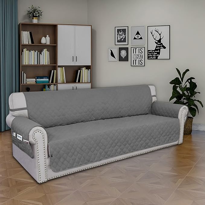 Easy-Going Sofa Slipcover Waterproof Sofa Cover Couch Cover for 4 Cushion Couch with Elastic Straps Washable Non-Slip Furniture Protector Cover for Pets, Dogs, Cat (XX-Large, Grey)