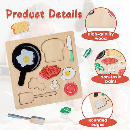 Adena Montessori Wooden Puzzles Play Fake Food for Kids Cookware Fried Egg Vegetables Set Kitchen Toys