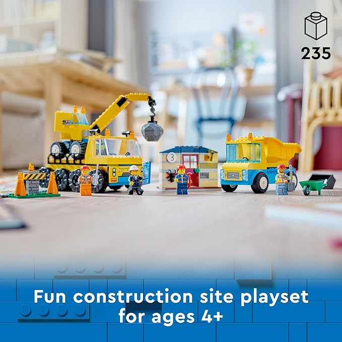 LEGO City Construction Trucks and Wrecking Ball Crane 60391 Building Toy Set for Toddler Kids Ages 4+, Includes 3 Construction Vehicles, an Abandoned House and 3 Minifigures for Pretend Play
