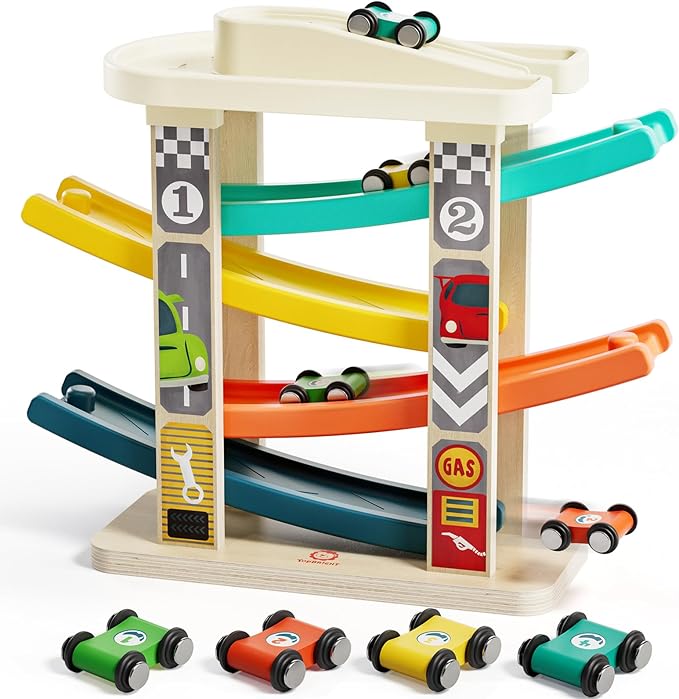 TOP Bright Toddler Wooden Race Track Car Ramp Toys for 1 2 Year Old Baby Motor Skills Race Tracks Car Ramp Vehicle Playsets with 4 Mini Cars and 1 Car Garage