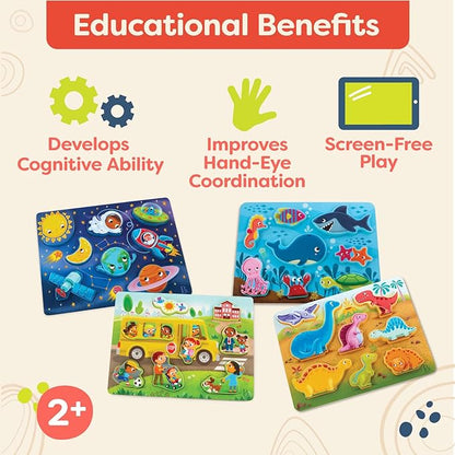 B. toys- Peek & Explore 4-Pack: Bus, Sea, Space, Dino- Chunky Puzzle 4-Pack – Wooden Puzzles – Sea, Space, Bus, Dinos – 8 Pieces Each – 2 Years +