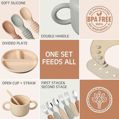24 Pack Silicone Baby Feeding Set Baby LED Weaning Supplies Includes Suction Divided Plates Soft Bowl Spoons Forks Adjustable Bib Snack Cup and Straws(Walnut Color, Beige, Smoky Gray)