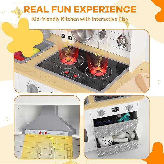 Modern Play Kitchen for Kids,33.4''Toddler Play Kitchen with Toy Storage System,Wooden Kids Play Kitchen Set with Play Features,Kids Pretend Play Kitchen with Cookware Accessories for Ages 3+(White)