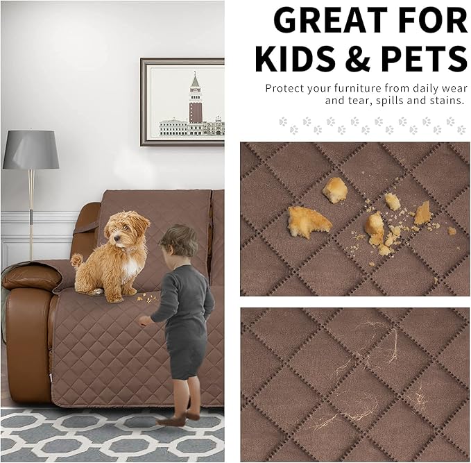 Easy-Going Recliner Sofa Cover, Reversible Couch Cover for Double Recliner, Split Sofa Cover for Each Seat, Furniture Protector with Elastic Straps for Kids, Dogs, Pets (2 Seater, Brown/Beige)