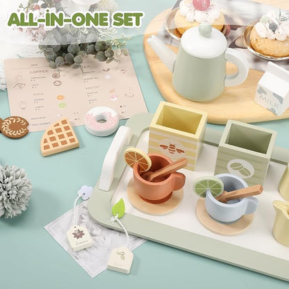 Wooden Tea Party Set for Little Girls, Play Tea Set for Kids Toddlers, Pretend Play Kitchen Toy Gift for 1 2 3 4 5 Years Old