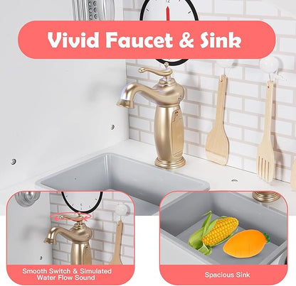 Costzon Kitchen Playset for Kids, Wooden Pretend Cooking Kitchen w/Utensils, Oven, Cabinets, Faucet, Sink & Telephone, Toddlers Play Kitchen Set with Accessories Gift for Age 3+ (White)