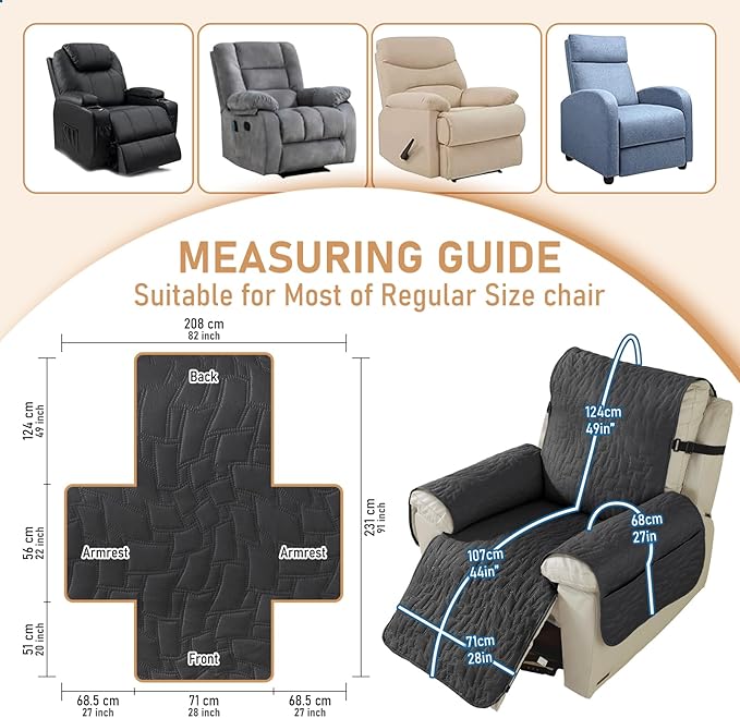 Recliner Covers That Stay in Place, 100% Waterproof Non-Slip Recliner Chair Covers with Pocket, Elastic Straps, Washable Reclining Chair Protector for Kids, Pets, Dog, Cat,Black,23IN