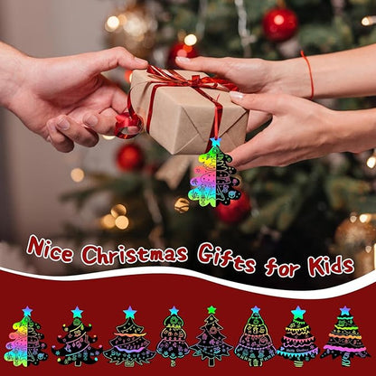 FEBSNOW 48 PCS Christmas Crafts for Kids, Magic Rainbow Christmas Scratch Art Paper Cards Christmas Tree Hanging Ornaments Christmas Gifts for Party Favors Games