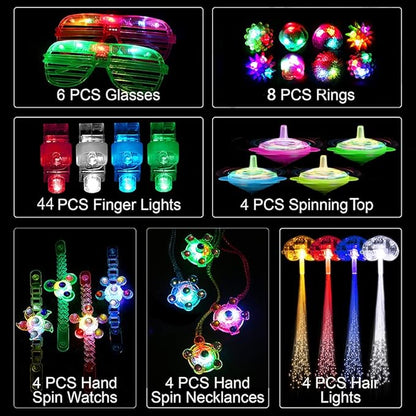 74 Pcs Light Up Toy Party Favors Glow in the Dark Party Supplies for Kid Adults with 44 Finger Lights 8 Jelly Rings 6 Glasses 4 Bracelets 4 Necklaces 4 Fiber Optic Hair Lights and 4 Spinning Top