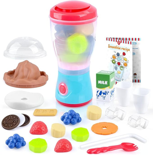 PLAY Smoothie Maker Toy Blender Set - 27 Pcs Pretend Play Kitchen Appliance for Kids with Realistic Action, Light and Sound, Play Toy Food Fruits and Cookies, Toy Mixer Birthday Gift for Kids Ages 3+