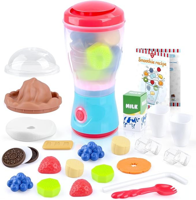 PLAY Smoothie Maker Toy Blender Set - 27 Pcs Pretend Play Kitchen Appliance for Kids with Realistic Action, Light and Sound, Play Toy Food Fruits and Cookies, Toy Mixer Birthday Gift for Kids Ages 3+