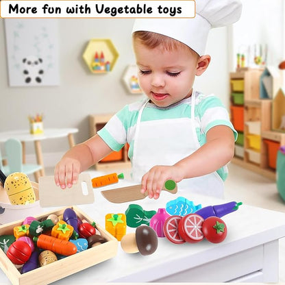 newlng Wooden Play Food Sets for Kids Cutting Vegetables Pretend Play Kitchen Accessory for Toddler Montessori Toys Early Educational Toys with Wooden Box & Knife & Cutting Board