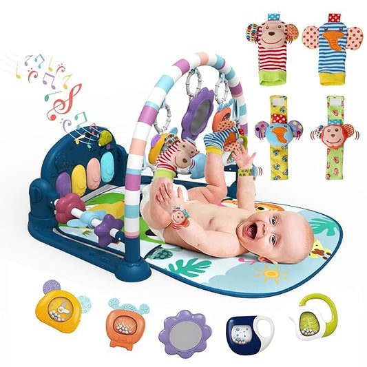 dearlomum Baby Play Mat Gym,Funny Play Piano Interactive Activity Mat & 4 Wrist Rattle Socks, Boy & Girl Gifts for Newborn 0 to 3 6 9 12 Months(Blue)