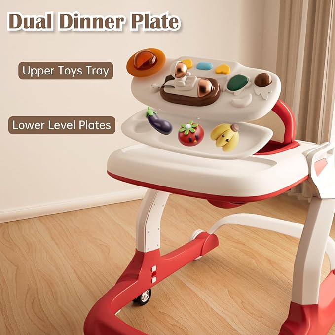 Baby Walker with Wheels Music and Lights with 9 Adjustable Heights Anti-Fall Baby Walker and Bouncer Combo for Boys Girls Babies 6-18 Months (Red and White)