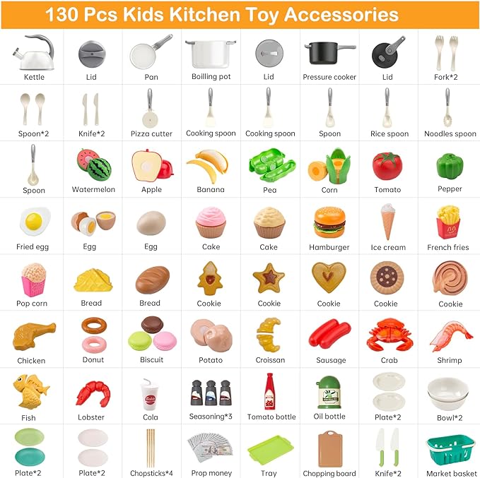 130Pcs Kitchen Playset, Toddler Pretend Cooking Play Pots, Pans, Utensils Cookware, Daily Food Fruit Veges, Shopping Storage Basket, Dessert, Prop Money, Learning Gift for Child （White）