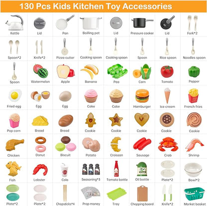 130Pcs Kitchen Playset, Toddler Pretend Cooking Play Pots, Pans, Utensils Cookware, Daily Food Fruit Veges, Shopping Storage Basket, Dessert, Prop Money, Learning Gift for Child （White）