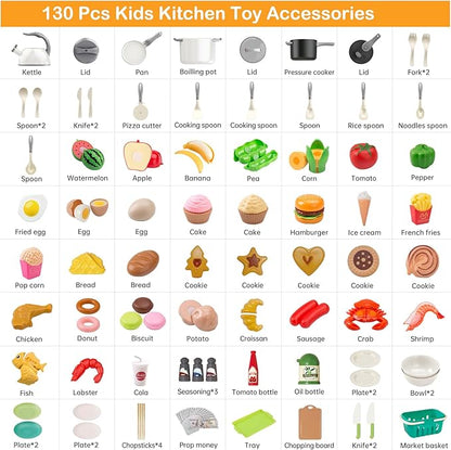 130Pcs Kitchen Playset, Toddler Pretend Cooking Play Pots, Pans, Utensils Cookware, Daily Food Fruit Veges, Shopping Storage Basket, Dessert, Prop Money, Learning Gift for Child （White）