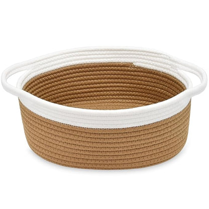 ABenkle Small Basket with Handles, Boho Decorative Rope Woven Dog Cat Toy Storage Bin Shelf Storage Organizer, Easter Christmas Gift Basket, 12"x8"x5", Brown