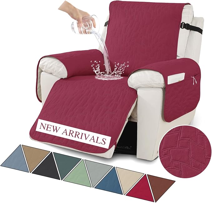 XINEAGE 100% Waterproof Recliner Chair Covers with Elastic Straps, Nonslip Reclining Couch Covers Washable Recliner Couch Cover with Pockets Furniture Protector for Pets Dogs (Wine Red, 23")