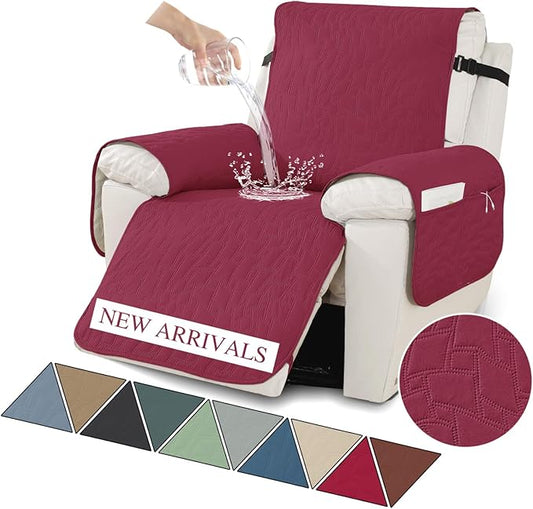 XINEAGE 100% Waterproof Recliner Chair Covers with Elastic Straps, Nonslip Reclining Couch Covers Washable Recliner Couch Cover with Pockets Furniture Protector for Pets Dogs (Wine Red, 23")