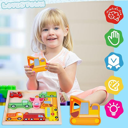 LovesTown 12PCS Stacking Puzzles, Wooden Chunky Jigsaw Puzzles Vehicle Educational Toy for Birthday