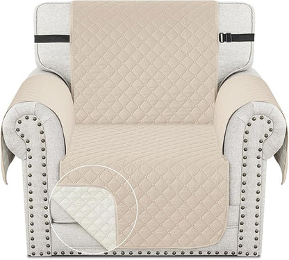 XINEAGE Quilted Chair Sofa Cover Waterproof Chair Covers for Armchair, Super Soft Washable Slipcover with Pockets & Non-Slip Elastic Straps, Thick Furniture Protector (Chair, Beige)
