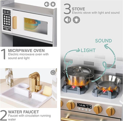 Large Wooden Corner Play Kitchen Sets with Ice Maker,Water Dispenser,Bread Maker,Washing Machine,Electronic Display,Toy Sink with Running Water,Stove with Light&Sounds, Birthday Gift for 3+Boys Girl