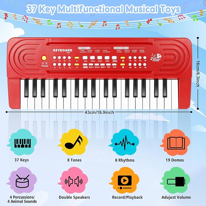Kids Toddler Toy Piano Keyboard - 37 Key Pianos for Kid Music Toys Instruments with Microphone | Explore Creativity, Perfect Birthday for 3-8 Year Old (Red)