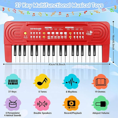 Kids Toddler Toy Piano Keyboard - 37 Key Pianos for Kid Music Toys Instruments with Microphone | Explore Creativity, Perfect Birthday for 3-8 Year Old (Red)