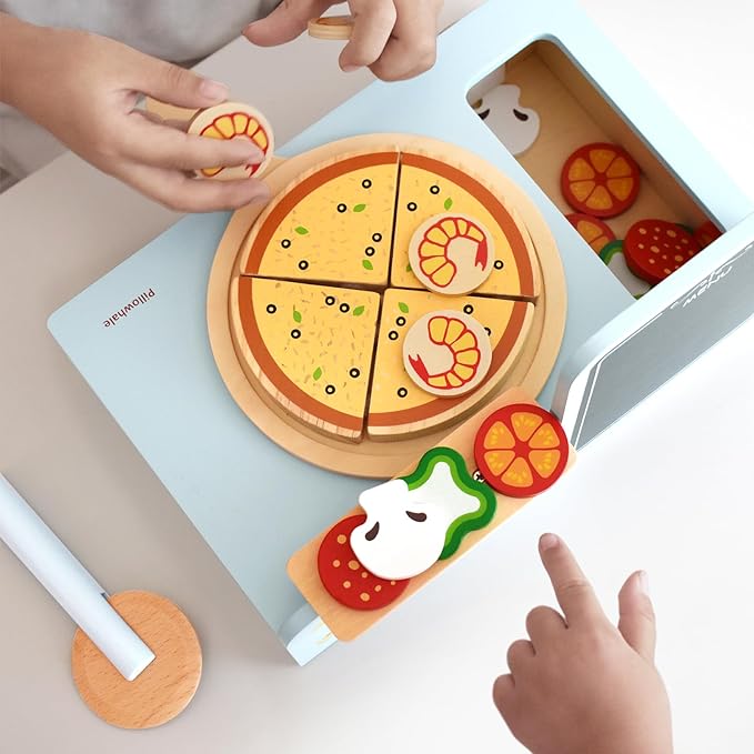 Wooden Pizza Toy,Wooden Pizza Counter Playset with Bake Oven, Montessori Pretend Play Food for Kids Kitchen,Christmas Birthday Gift for Toddlers Boys Girls 3 4 5 6 Year Old