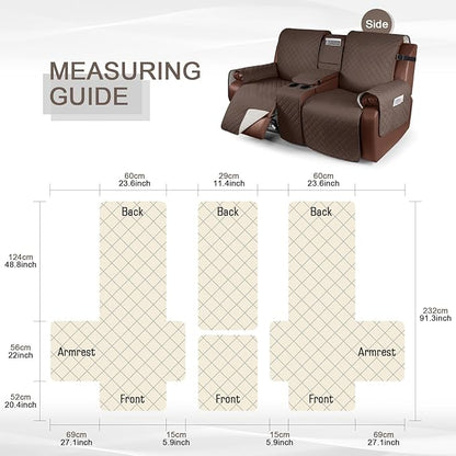 KinCam 100% Waterproof Recliner Loveseat Cover with Console, Non-Slip Reclining Couch Covers for 2 Seat, Recliner Sofa Cover Furniture Protector with Elastic Straps for Kids, Pets, Deep Brown