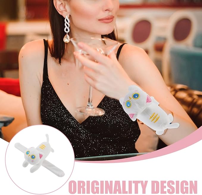 Vaguelly Cat Slap Bracelet,Stuffed Animal Slap Bracelets Adorable Plush Animals Huggers Slap Bracelets Interactive Toy for Kids Birthday Party Gifts White