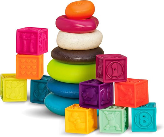 B. toys – Baby Blocks & Stacking – 10 Numbered Blocks & 5 Colorful Rings – Building Play Set for Infants – Educational Toys – One Two Squeeze & Stacking Stones – 6+ Months