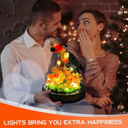 Topdear Flower Parrot Bouquet Building Set with LED String Light and Dust Cover, 660 Pcs Animals Mini Bricks Building Blocks Toy for Kids, Adults, Gift for Mother's Day, Christmas(Black)