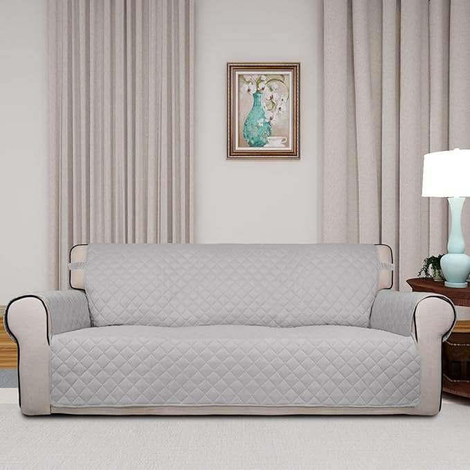 PureFit Reversible Quilted Sofa Cover, Water Resistant Slipcover Furniture Protector, Washable Couch Cover with Non Slip and Elastic Straps for Kids, Pets (Oversized Sofa, Light Gray/Light Gray)