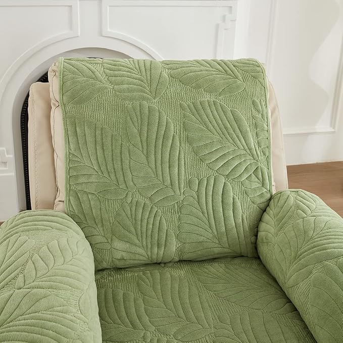 vctops Palm Leaves Velvet Plush Quilted Recliner Chair Cover Anti-Slip Super Soft Furniture Protector with Elastic Straps for Kids, Dogs, Pets, Green