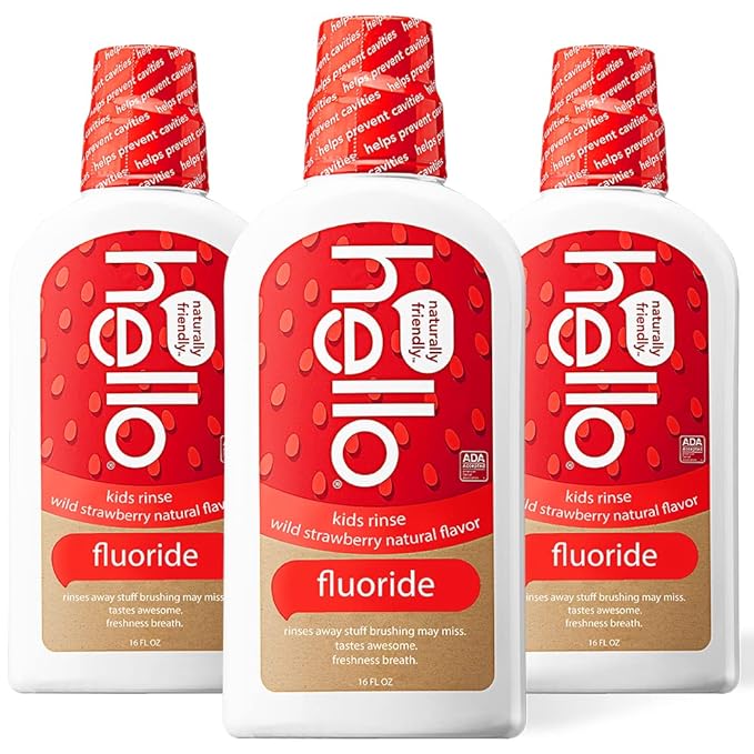 Hello Kids Wild Strawberry Natural Flavor Anticavity Fluoride Rinse - Vegan, Alcohol Free, and SLS Free Mouthwash for Children Age 2 and Up - 16 Ounce (Pack of 3)