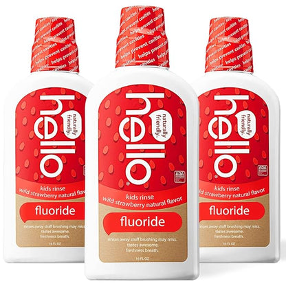 Hello Kids Wild Strawberry Natural Flavor Anticavity Fluoride Rinse - Vegan, Alcohol Free, and SLS Free Mouthwash for Children Age 2 and Up - 16 Ounce (Pack of 3)