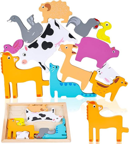 LovesTown 12PCS Wooden Stacking Puzzles, Farm Animal Chunky Jigsaw Puzzles Educational Toy for Gift