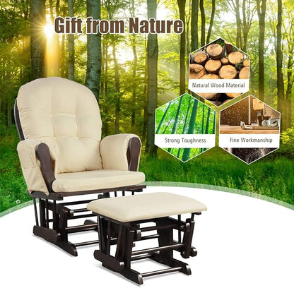 Costzon Nursery Glider with Ottoman, Upholstered Comfort Glider Rocker with Padded Cushion, Storage Pocket, Solid Wood Base, Rocking Chair Nursery for Breastfeeding, Maternity, Napping (Beige)