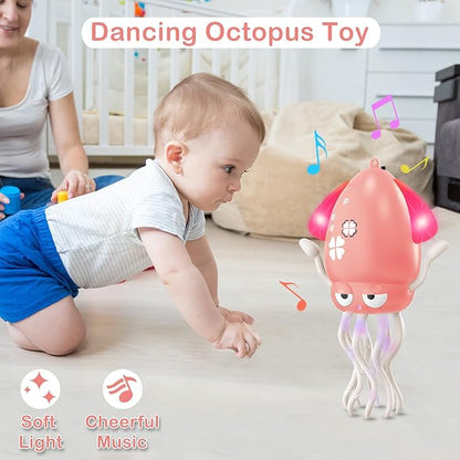 Plnmlls Dancing Octopus Toy,Tummy Time Toys,with Music and LED Light,Built-in Rechargeable Battery and Volume Can be Turned Off for 6-12 12-18 36 Months Walking Toddler Birthday Gift(Pink)