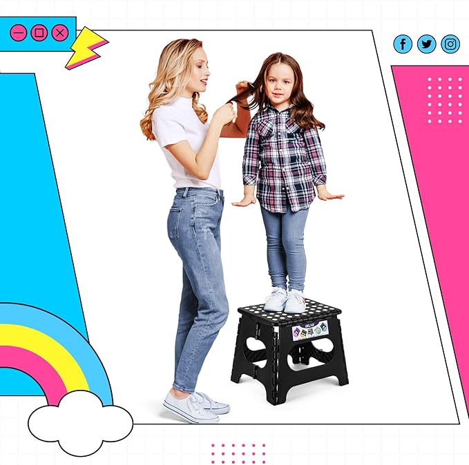 Delxo Folding Step Stool,11 Inch Non-Slip Foldable Step Stools for Kids and Adults,Portable Foldable Step Stool Lightweight Small Folding Stool with Handle for Kitchen Bathroom in Black,1 Pack