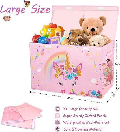 Mabahoo Large Toy Box, Collapsible Sturdy Kids Storage Organizer for Boys Girls, 25"x13"x16" Storage Box with Lids, Toy Chest Bins Basket for Living Room, Playroom, Nursery, Pink