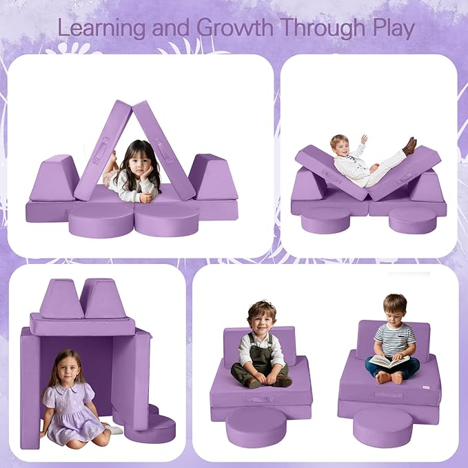 MeMoreCool Modular Kids Couch, Purple 8-Piece Convertible Foam Sofa Play Set for Toddlers and Playroom
