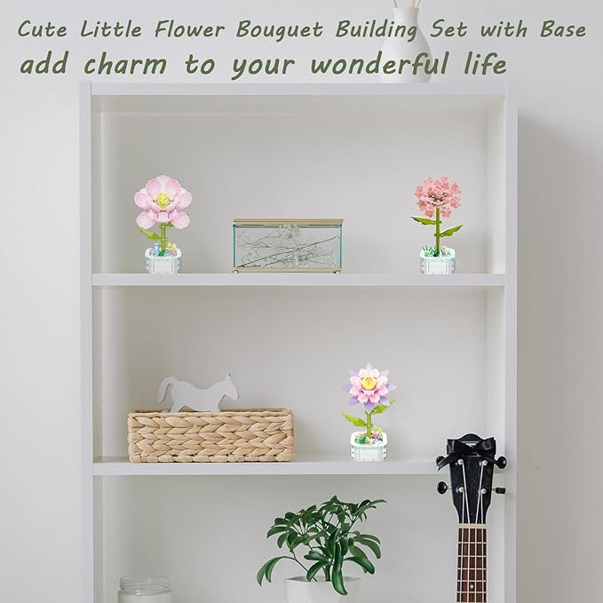 Flower Bouquet Building Set with Base, Flower Building Set Artificial Plant Flowers Building Blocks for Home Office Decor, Birthday Gifts, Desktop Trinkets Age 6+