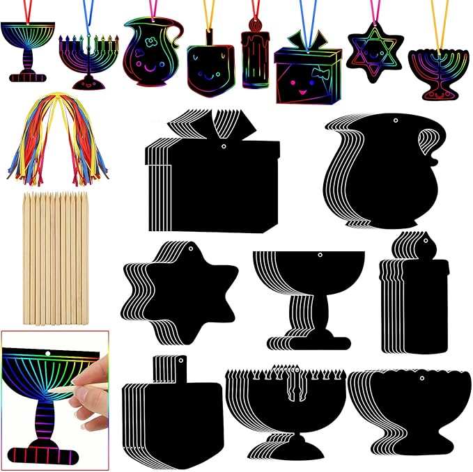 Qilery 64 Pcs Chanukah DIY Scratch Cards Set Hanukkah Party Supplies Favor Rainbow Color with Wooden Styluses Hanukkah Craft Kit for Kid Birthday DIY Art Hanukkah Themed Party Classroom Decor